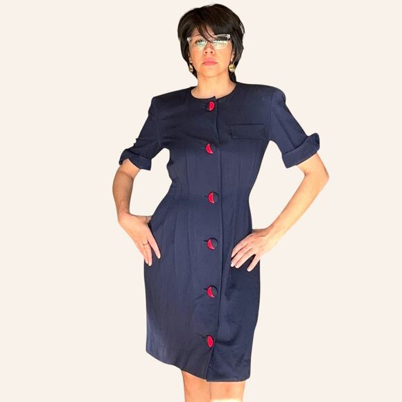 Vintage Navy Wiggle Dress Red Buttons Short Sleeve Size Medium/Large - Picture 4 of 9